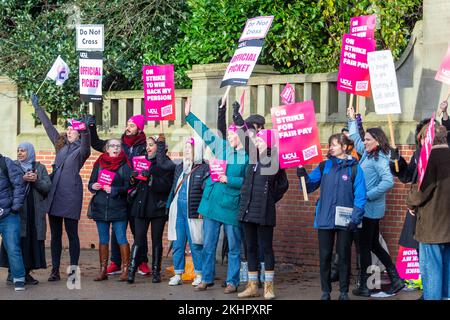 Birmingham, Regno Unito. 24th Nov 2022. Il personale dell'Università di Birmingham si unisce ad altri 70.000 membri dell'Università e dell'Unione del Collegio (UCU) in una panoramica nazionale su retribuzione, condizioni e pensioni. "La nostra carne bovina è all'università e non necessariamente al governo. L'Università di Birmingham ha molti soldi, ma non è disposta a colmare il divario retributivo tra il personale più basso e quello più alto". un portavoce ha commentato. L'azione di sciopero potrebbe avere un impatto su 2,5m studenti a livello nazionale. Credit: Peter Lopeman/Alamy Live News Foto Stock