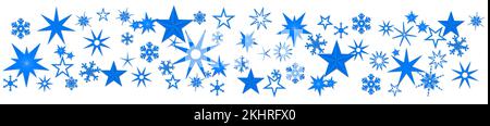 Decorazione natalizia in blu su banner - fiocchi di neve diversi e stelle di ghiaccio su sfondo bianco - 3D Illustrazione Foto Stock