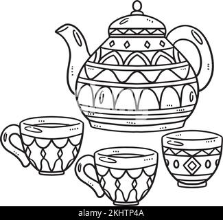 Ramadan Tea Set isolato colorazione pagina per bambini Illustrazione Vettoriale