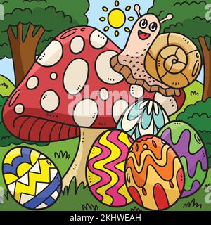 Lumaca di funghi con uova di Pasqua colorate Illustrazione Vettoriale