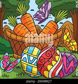 Uova di Pasqua e carote colorato Cartoon Illustrazione Vettoriale