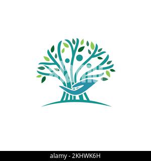 Design del logo sanitario. Albero con mano di tenuta Illustrazione Vettoriale