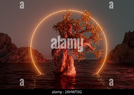 Paesaggio astratto con cerchio al neon giallo e rappresentazione ad albero 3D. Foto Stock