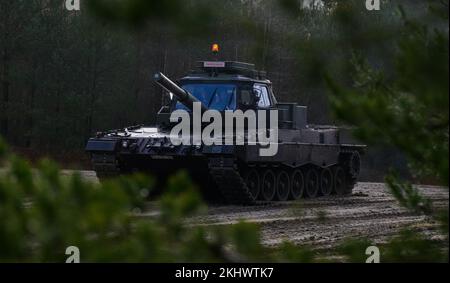 Munster, Germania. 24th Nov 2022. Un soldato slovacco guida un carro armato da guida Bundeswehr Leopard II, attraverso il terreno durante l'allenamento alla guida. La Bundeswehr sta attualmente addestrando i soldati slovacchi sul carro armato principale di battaglia di Leopard 2 A4 a Munster. Lo sfondo di questo è un anello di scambio di 15 carri armati leopardo alla Slovacchia commissionato dal governo tedesco, come la Bundeswehr ha annunciato giovedì. Credit: Philip Schulze/dpa/Alamy Live News Foto Stock