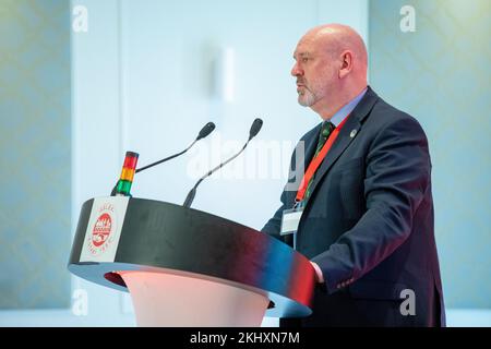 Mick Whelan ASLEF Segretario Generale si rivolge alla loro 2022 Assemblea annuale dei delegati a Bournemouth nella Dorchester Suite del Bournemouth Highcliff Marriott Hotel. Foto: ©Neil Turner 17 maggio 2022 Foto Stock