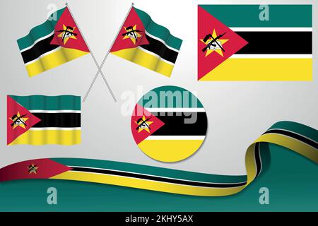 Un set vettoriale di diversi disegni della Bandiera Nazionale del Mozambico a forma di icone, bandiere e un nastro su sfondo bianco Illustrazione Vettoriale