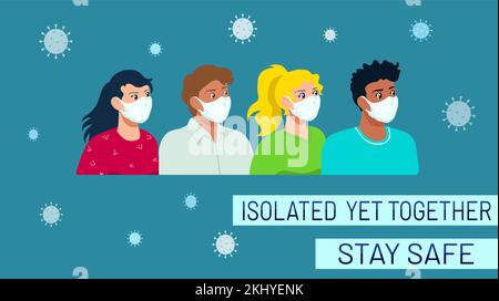 Persone di diverse etnie, uomini e donne, in piedi insieme indossando maschere protettive per il viso Illustrazione Vettoriale