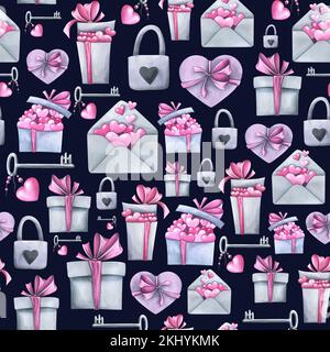 Scatole regalo di forme diverse e una busta con cuori rosa, una serratura con una chiave. Illustrazione acquerello. Motivo senza cuciture su sfondo scuro Foto Stock