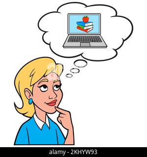 Ragazza che pensa all'apprendimento di formazione di distanza - Un'illustrazione del cartone animato di una ragazza che pensa ai servizi in linea di formazione di formazione di distanza. Illustrazione Vettoriale