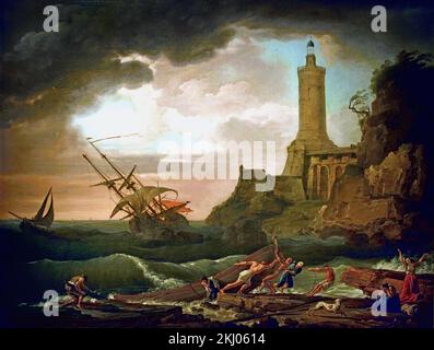 Una Costa rocciosa con un faro e un naufragio 1745 Claude-Joseph Vernet (1714-1789) 18th ° secolo, Francia francese Foto Stock