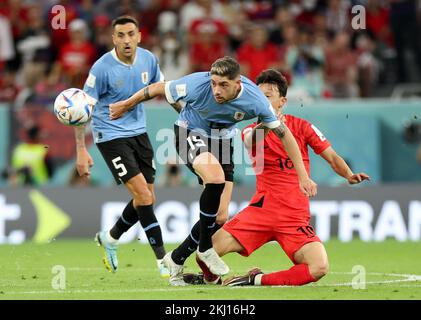 Al Rayyan, Qatar. 24th Nov 2022. Federico Valverde (C) dell'Uruguay passa la palla in difesa di Hwang UI-jo (R) della Corea del Sud durante la partita del Gruppo H tra Uruguay e Corea del Sud in occasione della Coppa del mondo FIFA 2022 allo stadio Education City di al Rayyan, Qatar, 24 novembre 2022. Credit: Han Yan/Xinhua/Alamy Live News Foto Stock