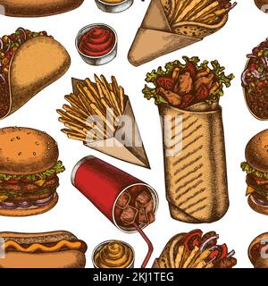 Street food senza cuciture modello di sfondo design. Stile inciso. Salse disegnate a mano, soda, gyros, hamburger, taco, shawarma, patatine fritte, hot dog. Illustrazione Vettoriale