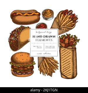 Street food Square card o invito design. Struttura con salse, gyros, hamburger, taco, shawarma, patatine fritte, hot dog. Illustrazione Vettoriale