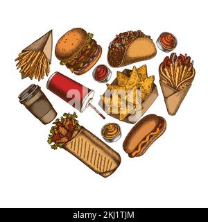 Street food cuore design vintage. Salse disegnate a mano, nachos, soda, gyros, hamburger, taco, shawarma, patatine fritte, hot dog, tazza di carta. Illustrazione Vettoriale