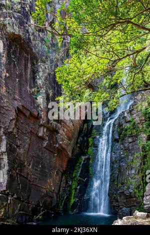 Cascata tra rocce con muschio e vegetazione conservata a Serra do Cipo in Minas Gerias Foto Stock