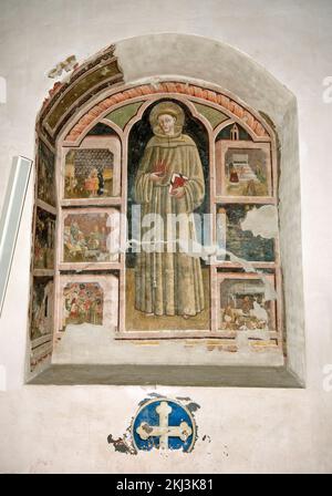 Nicchia con affresco raffigurante San Antonio da Padova e scene della sua vita (15th ° secolo), Chiesa di san Francesco, Deruta villaggio, Perugia, Umbria, Italia Foto Stock