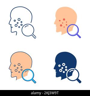 Icona dermatologia impostata in stile piatto e linea. Problema della pelle, simbolo di controllo medico. Illustrazione vettoriale Illustrazione Vettoriale