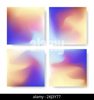 Sfondo colori fluidi impostato. Gradiente di mesh da sogno nei colori viola, arancione, giallo, rosa e blu. Modello di post quadrato per i social media estetici Illustrazione Vettoriale