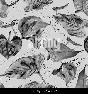 Motivo bianco e nero senza cuciture con foglie e fiori di Anthurium (Flower Flamingo). Acquerello disegno a mano immagine realistica. Foto Stock