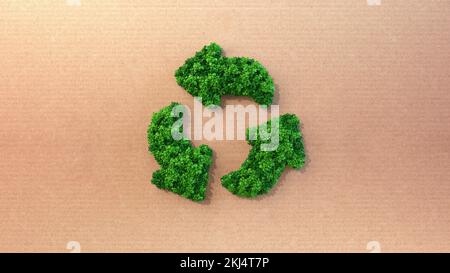 Simbolo di riciclaggio 3D design. Icona di piante verdi, foglie, erba, muschio, basilico, menta. Isolato sullo sfondo. illustrazione 3d. Foto Stock
