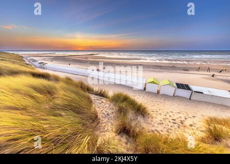 Case sulla spiaggia di Westkapelle viste dalle dune di Zeeland al tramonto, Paesi Bassi. Paesaggio scenario della natura in Europa. Foto Stock