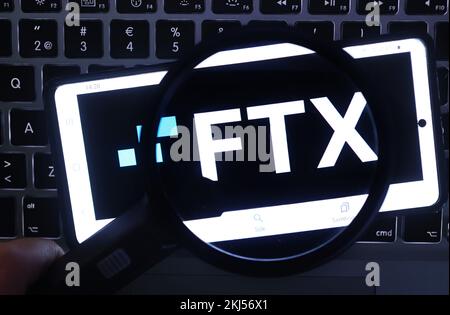 Logo FTX. FTX è uno scambio di criptovaluta basato sulle Bahamas. Foto Stock