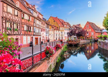 Colmar, Alsazia. Francia. Petite Venezia, canale d'acqua e tradizionali case a graticcio. Foto Stock