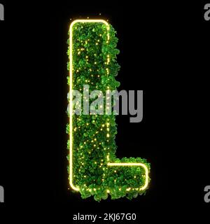 3D lettera alfabetica L. pianta verde, foglie di neon incandescenti, erba, muschio, basilico, menta. Isolato su sfondo nero con Clipping Path. illustrazione 3d. Foto Stock