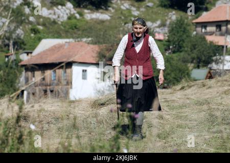 Vecchia donna che cammina nel villaggio rurale della Serbia, Kamena Gora Foto Stock