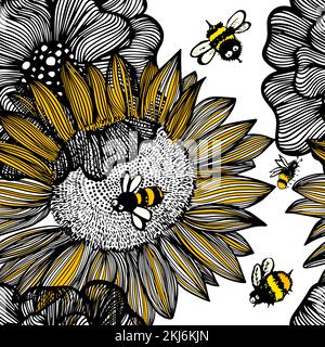 fiori grafici neri e gialli motivo senza cuciture. illustrazione vettoriale. Etnico floreale, elementi indiani. sfondo floreale vintage con api. Illustrazione Vettoriale