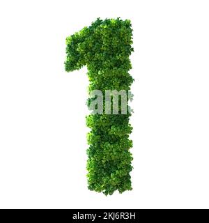 Numero 1, alfabeto. Numero verde della pianta isolato con Clipping Path. illustrazione 3d. foglie, erba, muschio, basilico, menta. Foto Stock