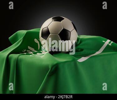 Una palla da calcio regolare poggiata su una bandiera dell'Arabia Saudita drappeggiata su un plinto su uno sfondo isolato dello studio - rendering 3D Foto Stock