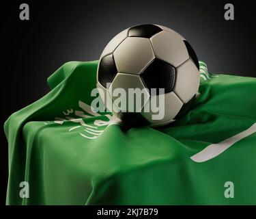 Una palla da calcio regolare poggiata su una bandiera dell'Arabia Saudita drappeggiata su un plinto su uno sfondo isolato dello studio - rendering 3D Foto Stock