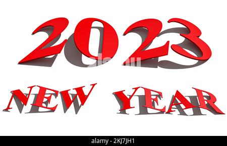 Concetto di nuovo anno. Numeri inclinati rossi 2023 isolati su bianco. rendering 3d Foto Stock