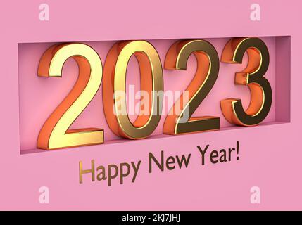 Concetto di nuovo anno. Numeri d'oro 2023 su sfondo rosa. rendering 3d Foto Stock