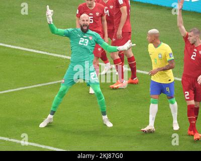 Lusail, Qatar. 24th Nov 2022. Vanja Milinkovic-Savic (L), portiere della Serbia, reagisce durante la partita del Gruppo G tra Brasile e Serbia alla Coppa del mondo FIFA 2022 presso lo stadio di Lusail, in Qatar, il 24 novembre 2022. Credit: Ding Xu/Xinhua/Alamy Live News Foto Stock