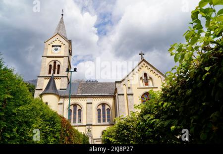 Chiesa protestante o evangelica a Ramsau ai piedi del monte Dachstein nelle Alpi austriache (Liezen, Stiria o Steiermark, Austria) Foto Stock