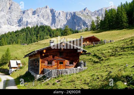 Un bel villaggio alpino Neustatt Alm o valle Neustatt ai piedi del monte Dachstein nelle Alpi austriache (Steiermark, Schladming-Dachstein) Foto Stock