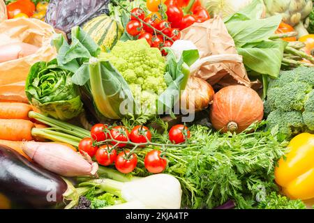 Rifiuti Zero shopping. Assortimento di coloratissimi verdura biologica, cavolo Pomodori Cipolle Funghi squash peperoni aglio. Sfondo sano vicino, il fuoco selettivo Foto Stock