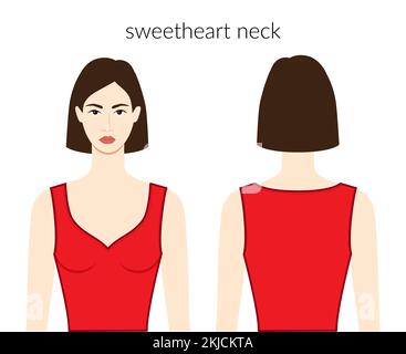 Innamorato scollo abiti carattere bella donna in top rosso, camicia, abito tecnico di moda illustrazione con corpo adattato. Modello di abbigliamento piatto anteriore, posteriore. Donne, uomini unisex CAD mockup Illustrazione Vettoriale