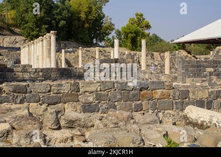 6 novembre 2022 visitatori nel Parco Nazionale Beth Shean con il Monte Gilboa, il luogo di morte del re Saul d'Israele, nel retro. Foto Stock