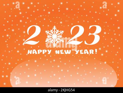 2023 buon anno sfondo arancione con stelle bianche e fiocchi di neve per i tuoi volantini stagionali Illustrazione Vettoriale