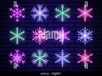 Set di fiocchi di neve al neon per la decorazione natalizia. Fiocchi di neve incandescenti al neon per le feste invernali. Raccolta di elementi o segni ofsjiny. Illustrazione Vettoriale