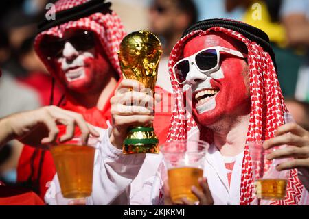 Qatar. 24th Nov 2022. Al Wakrah, Qatar. 24th Nov 2022. Calcio: Coppa del mondo, Svizzera - Camerun, turno preliminare, Gruppo G, Giornata 1, All'al-Janub Stadium di al-Wakra, i tifosi svizzeri festeggiano la loro squadra. Credit: Christian Charisius/dpa/Alamy Live News Credit: dpa picture Alliance/Alamy Live News Foto Stock