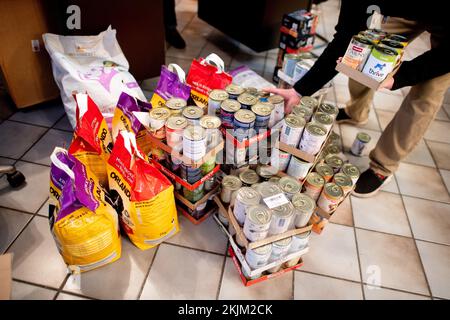 Brema, Germania. 18th Nov 2022. Numerose donazioni di cibo si trovano nei locali del Bremer Tiertafel durante la distribuzione. Il numero di proprietari di animali domestici bisognosi e la domanda di cibo per animali domestici e donazioni in natura sono aumentati notevolmente quest'anno. (A dpa: 'Aumento della domanda a Tiertafeln in bassa Sassonia e Brema') Credit: Hauke-Christian Dittrich/dpa/Alamy Live News Foto Stock