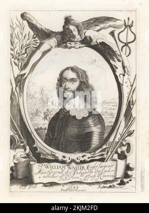 Sir William Waller, soldato inglese, 1597-1668. Comandante degli eserciti parlamentari durante la prima guerra civile inglese. Ritratto ovale in armatura a placchetta con colletto in pizzo, vignetta di una battaglia di cavalleria. Telaio con angelo e tromba, foglie di alloro, armi e tamburo. Pubblicato da Pieter stent nel 1643, inciso da Peter Rotterdam dopo un dipinto di Cornelius Johnson. Incisione di copperplate dalla Galleria di Rare ritratti di Samuel Woodburn composta da lastre originali, George Jones, 102 St Martin’s Lane, Londra, 1816. Foto Stock