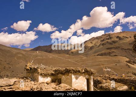 Tradizionali case di fango, pietra, legno e paglia delle fredde regioni desertiche di montagna di Ladakh e Zanskar Foto Stock
