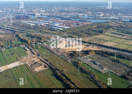 Vista aerea del cantiere autostradale A26, A7, AK, BAB, svincolo autostradale Süderelbe, harbor Passage, Harbour, CTA, Container Terminal Altenwe Foto Stock