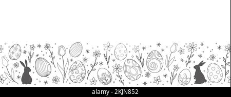Easter Vector Illustrazione di sfondo senza giunture con coniglietti di Pasqua, uova, fiori e Uno spazio di testo su uno sfondo bianco. Ripetibile orizzontalmente. Illustrazione Vettoriale