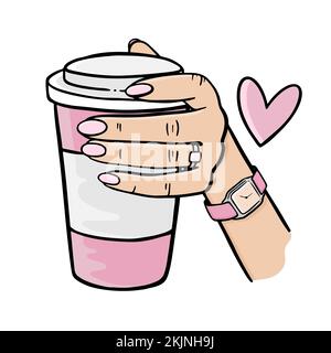 RAGAZZA CHE TIENE Una TAZZA ROSA DI CAFFÈ disegnata a mano elementi Cartoon clip Art Vector Illustration Set for Print Illustrazione Vettoriale